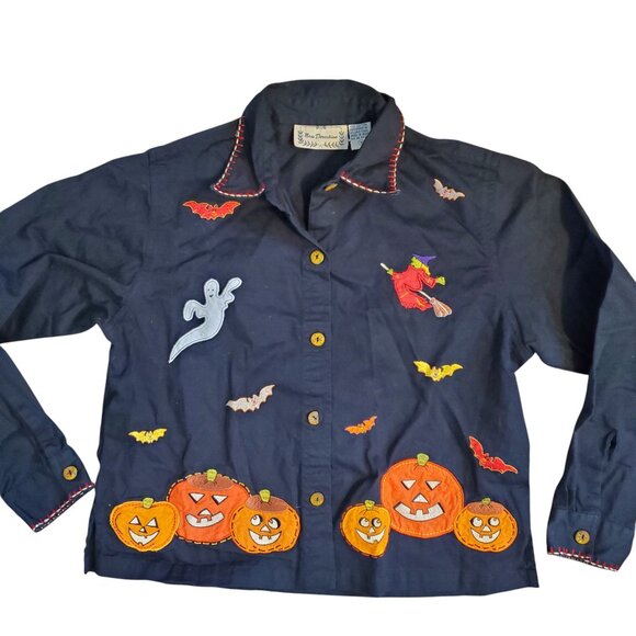Vintage 90s Spooky Halloween Pumpkins Cotton Button Up Front Shirt Kitschy - Picture 1 of 13